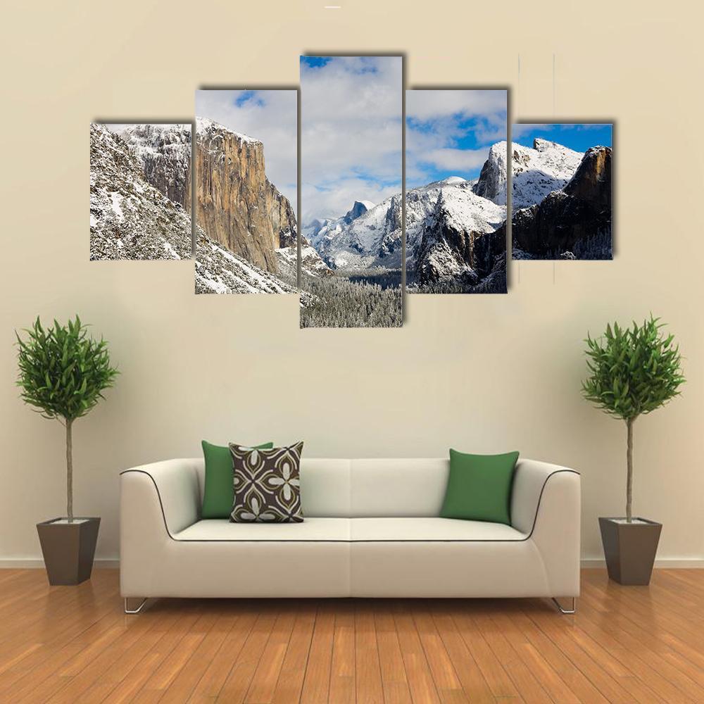 Yosemite Valley Covered By Snow Canvas Wall Art-5 Star-Gallery Wrap-62" x 32"-Tiaracle