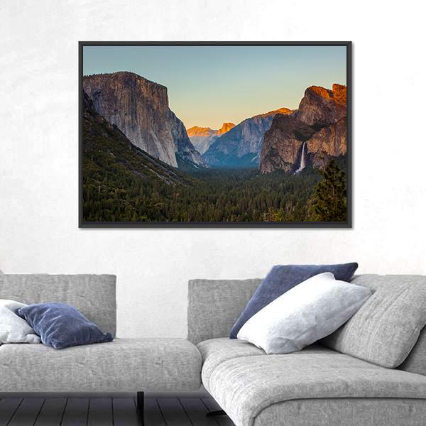 Yosemite Valley From Tunnel View At Sunset Canvas Wall Art-1 Piece-Floating Frame-24" x 16"-Tiaracle
