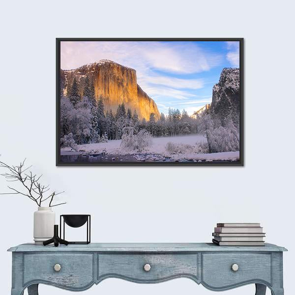 Yosemite Valley In California During Winter Canvas Wall Art-1 Piece-Floating Frame-24" x 16"-Tiaracle
