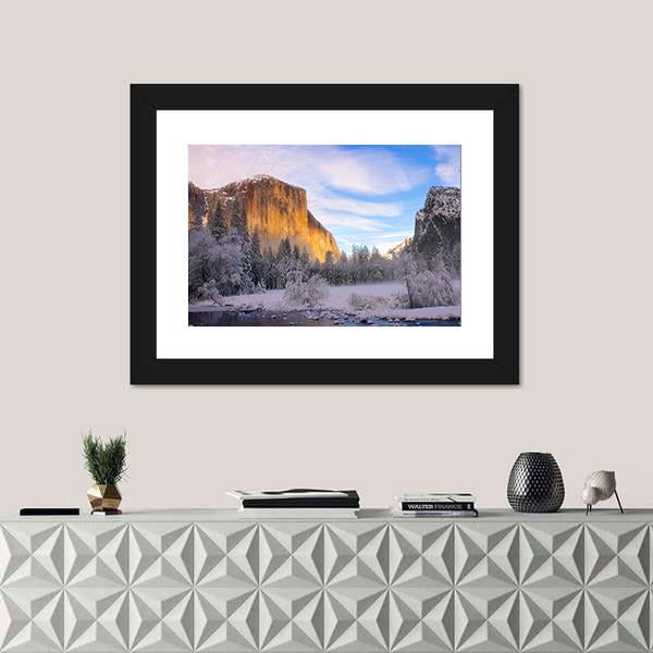 Yosemite Valley In California During Winter Canvas Wall Art-1 Piece-Framed Print-20" x 16"-Tiaracle