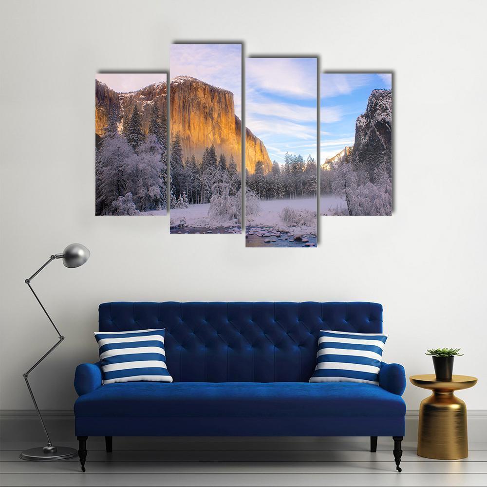 Yosemite Valley In California During Winter Canvas Wall Art-4 Pop-Gallery Wrap-50" x 32"-Tiaracle