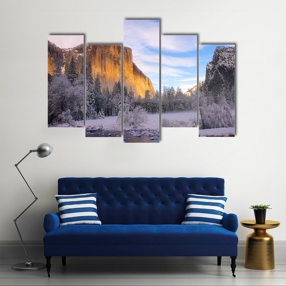 Yosemite Valley In California During Winter Canvas Wall Art-5 Pop-Gallery Wrap-47" x 32"-Tiaracle