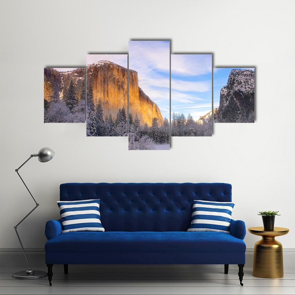 Yosemite Valley In California During Winter Canvas Wall Art-5 Star-Gallery Wrap-62" x 32"-Tiaracle