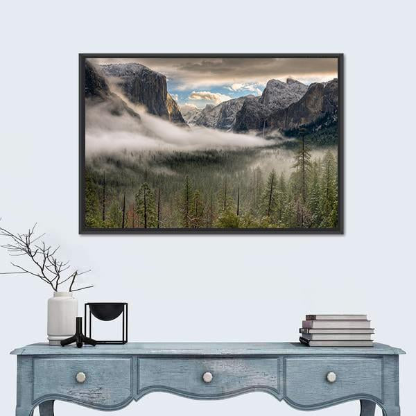 Misty Yosemite Valley with Fog Canvas Wall Art in white, gray and green, framed canvas, product view on a white background