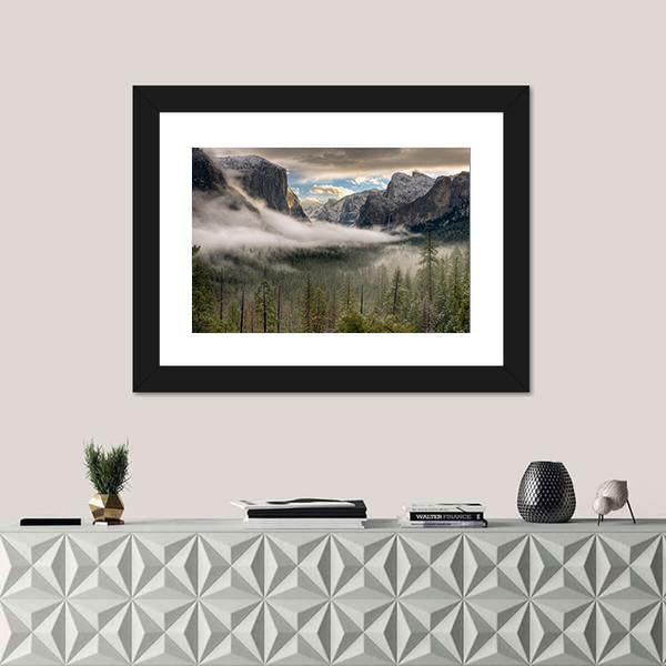 Yosemite Valley In Fog Canvas Wall Art-1 Piece-Framed Print-20" x 16"-Tiaracle