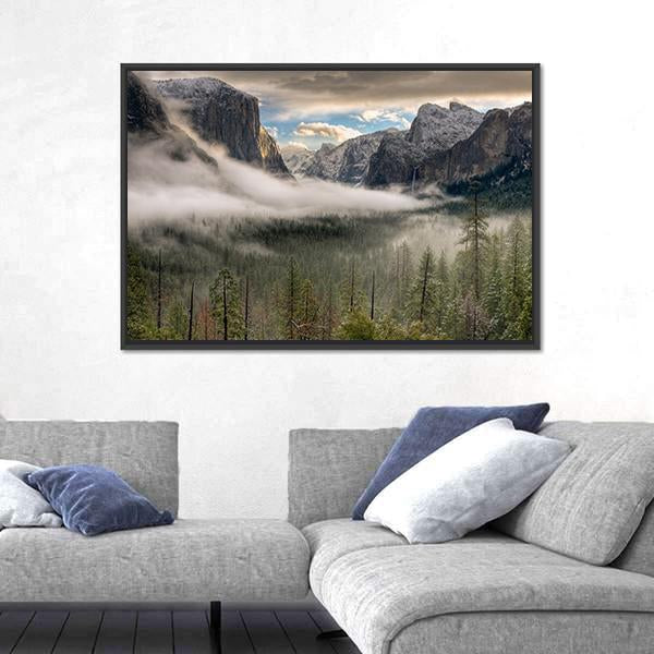 Yosemite Valley In Fog Canvas Wall Art-3 Horizontal-Gallery Wrap-25" x 16"-Tiaracle
