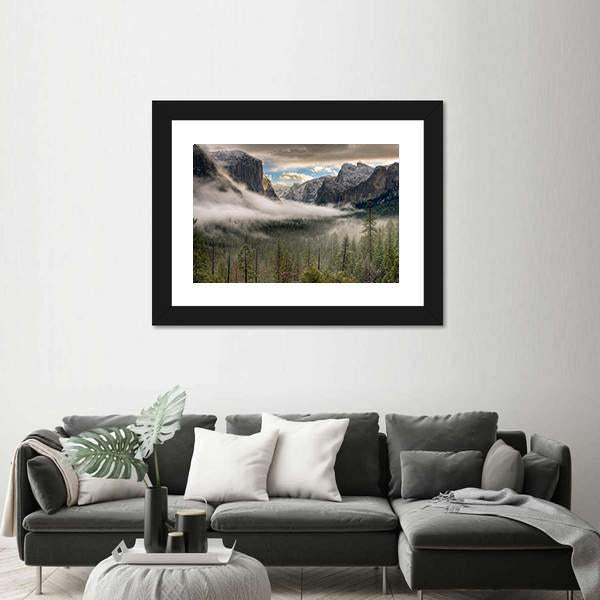 Yosemite Valley In Fog Canvas Wall Art-3 Horizontal-Gallery Wrap-25" x 16"-Tiaracle