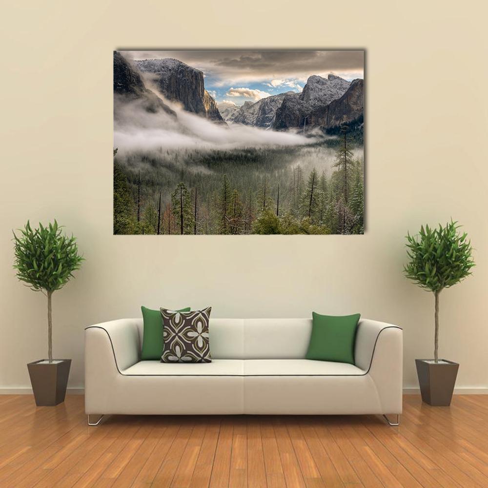 Yosemite Valley In Fog Canvas Wall Art-1 Piece-Gallery Wrap-48" x 32"-Tiaracle