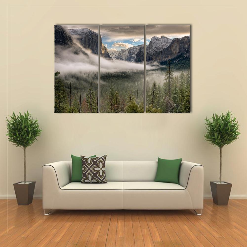 Yosemite Valley In Fog Canvas Wall Art-3 Horizontal-Gallery Wrap-37" x 24"-Tiaracle