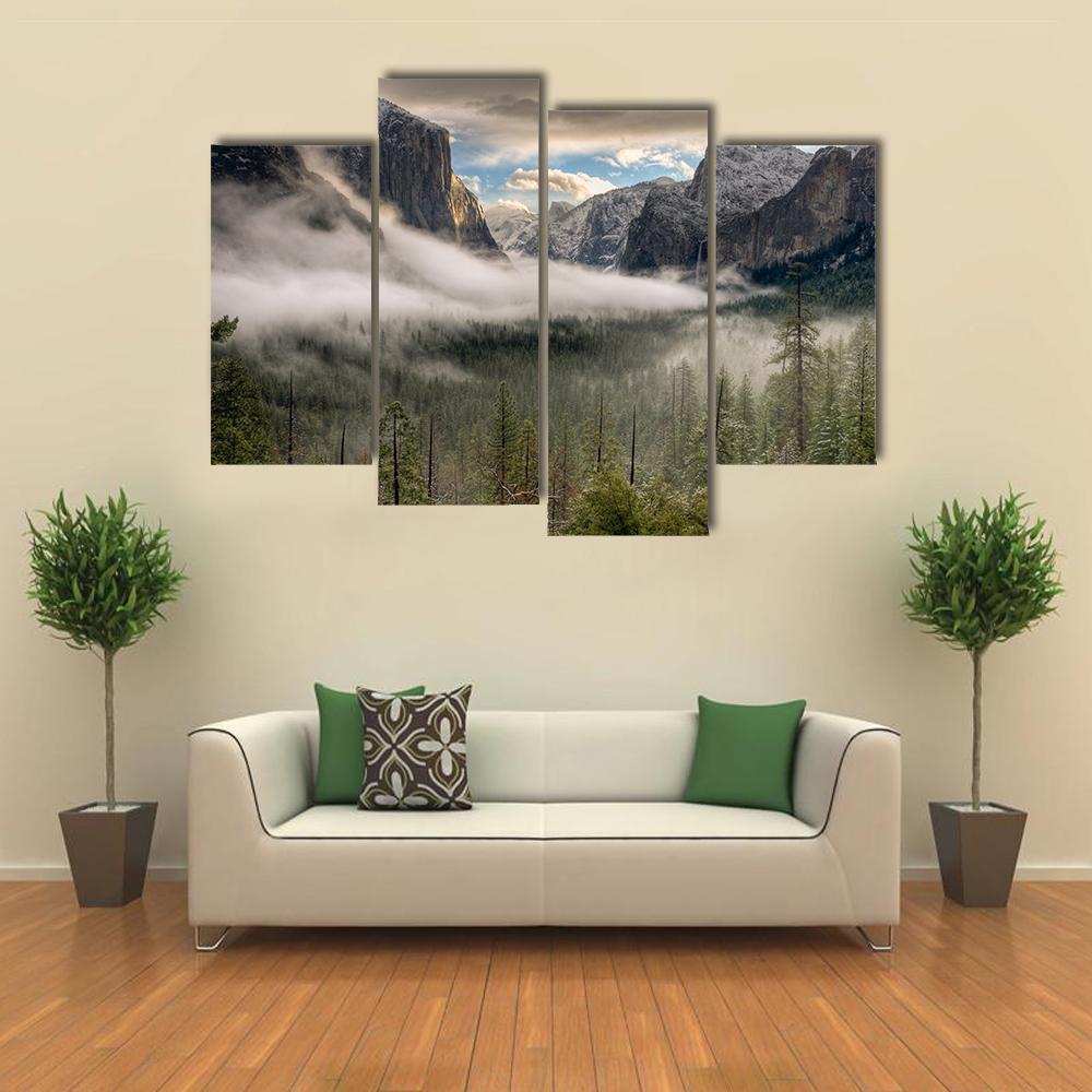 Yosemite Valley In Fog Canvas Wall Art-4 Pop-Gallery Wrap-50" x 32"-Tiaracle