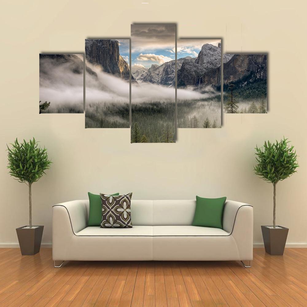 Yosemite Valley In Fog Canvas Wall Art-5 Star-Gallery Wrap-62" x 32"-Tiaracle