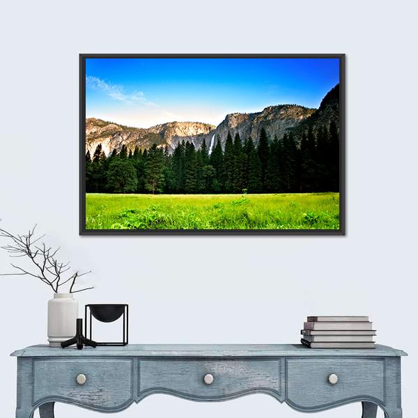 Yosemite Valley Under Blue Sky Canvas Wall Art-1 Piece-Floating Frame-24" x 16"-Tiaracle
