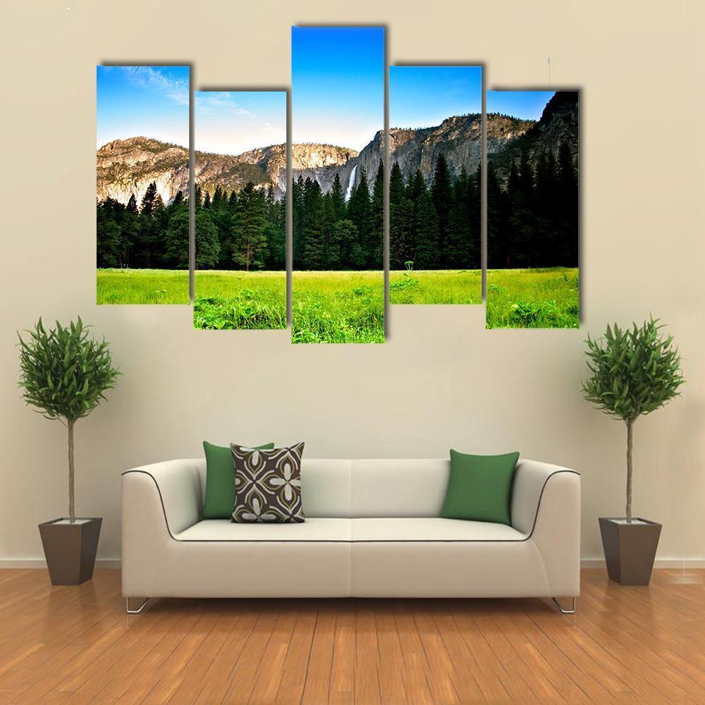 Yosemite Valley Under Blue Sky Canvas Wall Art-5 Pop-Gallery Wrap-47" x 32"-Tiaracle
