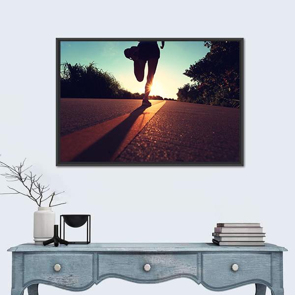 Young Fitness Woman Running On Sunrise Canvas Wall Art-1 Piece-Floating Frame-24" x 16"-Tiaracle