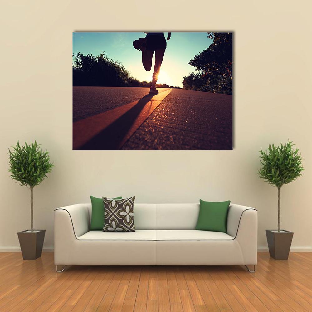 Young Fitness Woman Running On Sunrise Canvas Wall Art-1 Piece-Gallery Wrap-48" x 32"-Tiaracle