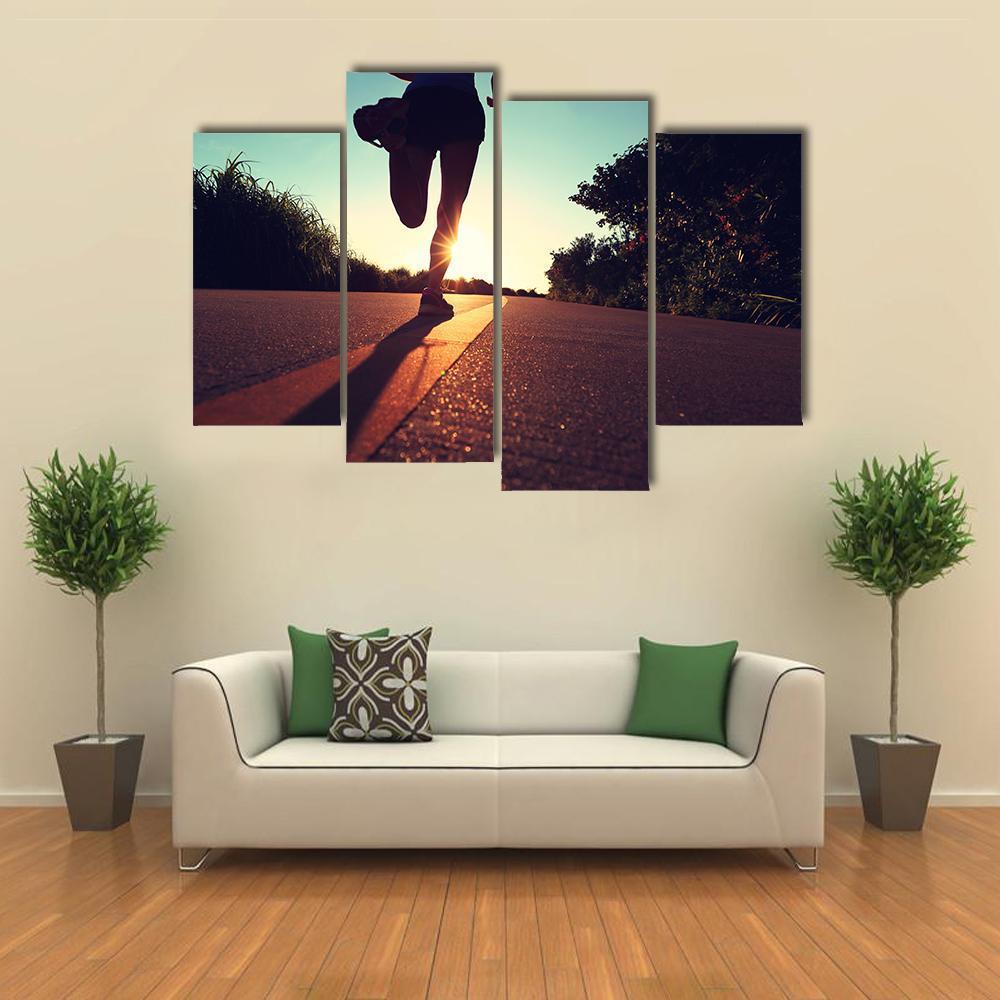 Young Fitness Woman Running On Sunrise Canvas Wall Art-4 Pop-Gallery Wrap-50&quot; x 32&quot;-Tiaracle