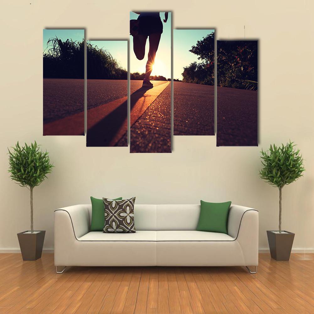 Young Fitness Woman Running On Sunrise Canvas Wall Art-5 Pop-Gallery Wrap-47&quot; x 32&quot;-Tiaracle
