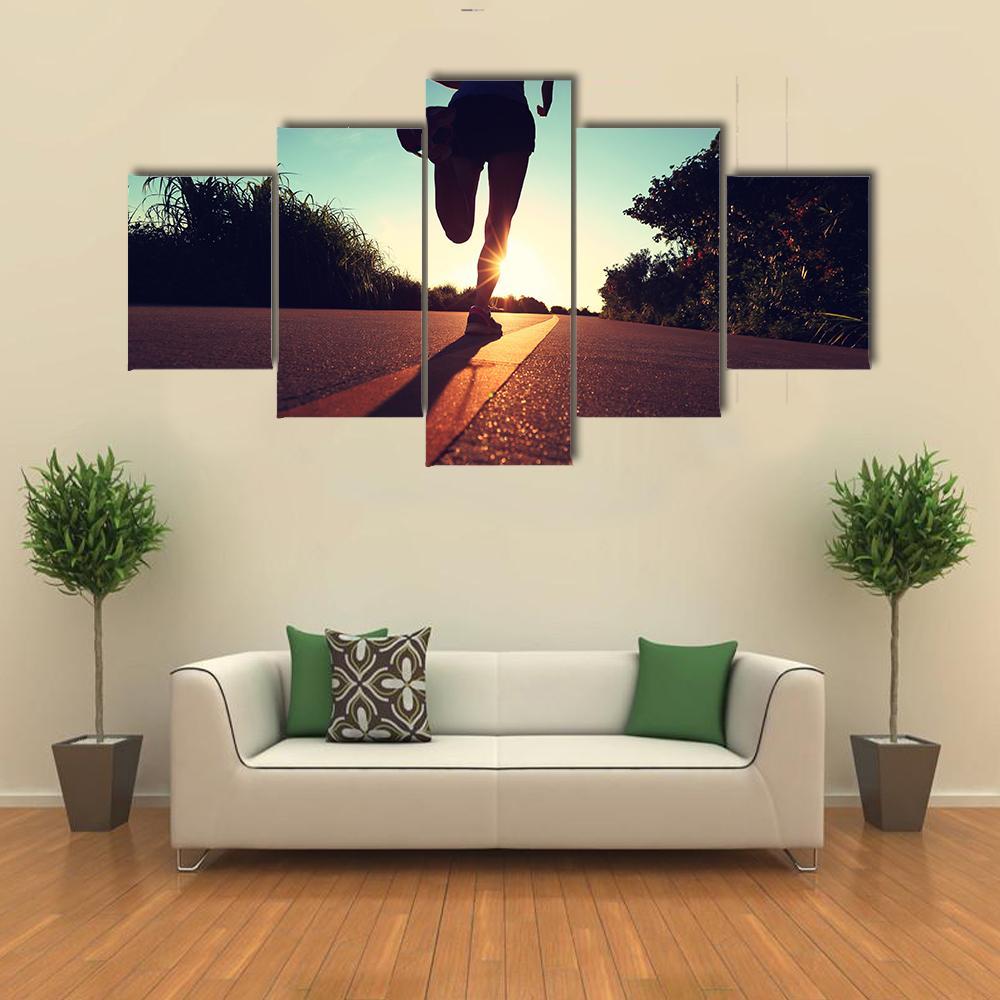 Young Fitness Woman Running On Sunrise Canvas Wall Art-1 Piece-Gallery Wrap-48" x 32"-Tiaracle