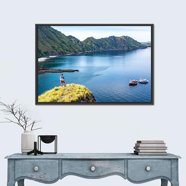 Young Hiker Standing Alone On Cliff Mountain Canvas Wall Art-1 Piece-Floating Frame-24" x 16"-Tiaracle