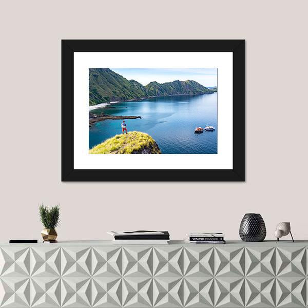 Young Hiker Standing Alone On Cliff Mountain Canvas Wall Art-1 Piece-Framed Print-20" x 16"-Tiaracle