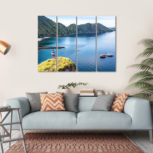 Young Hiker Standing Alone On Cliff Mountain Canvas Wall Art-4 Horizontal-Gallery Wrap-34" x 24"-Tiaracle