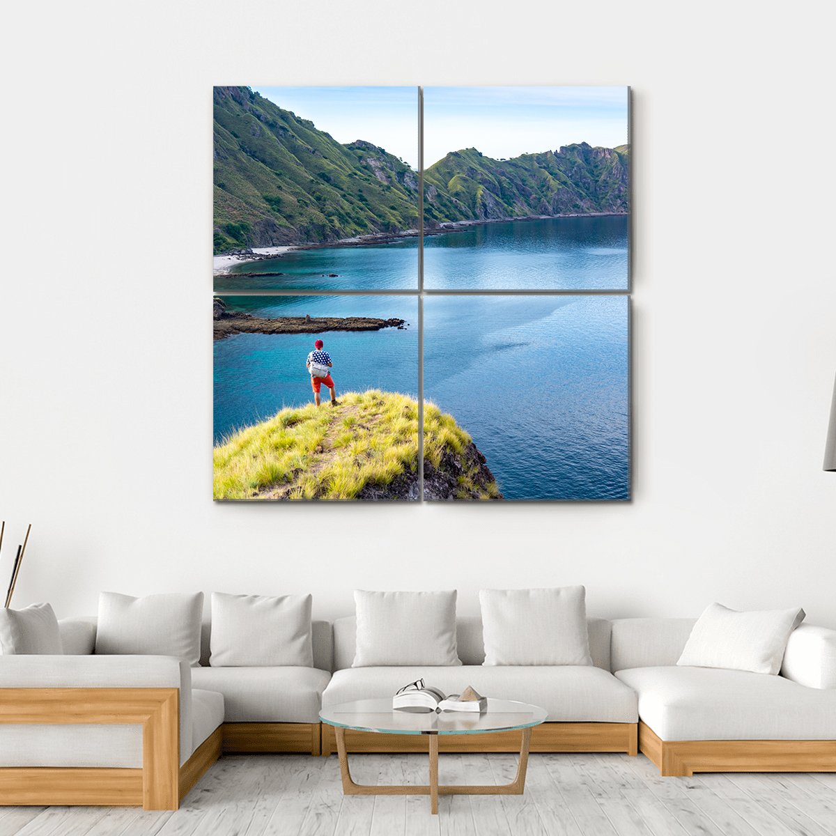 Young Hiker Standing Alone On Cliff Mountain Canvas Wall Art-4 Square-Gallery Wrap-17" x 17"-Tiaracle