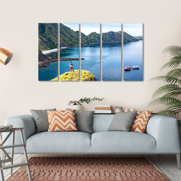 Young Hiker Standing Alone On Cliff Mountain Canvas Wall Art-5 Horizontal-Gallery Wrap-22" x 12"-Tiaracle