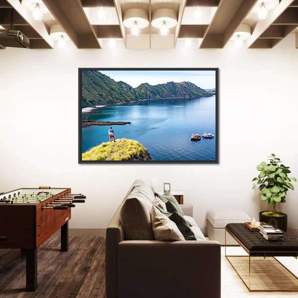 Young Hiker Standing Alone On Cliff Mountain Canvas Wall Art-5 Horizontal-Gallery Wrap-22" x 12"-Tiaracle
