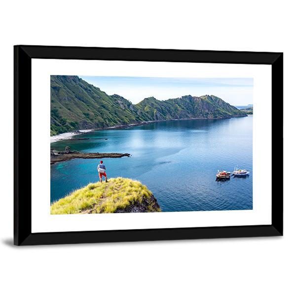 Young Hiker Standing Alone On Cliff Mountain Canvas Wall Art-5 Horizontal-Gallery Wrap-22" x 12"-Tiaracle