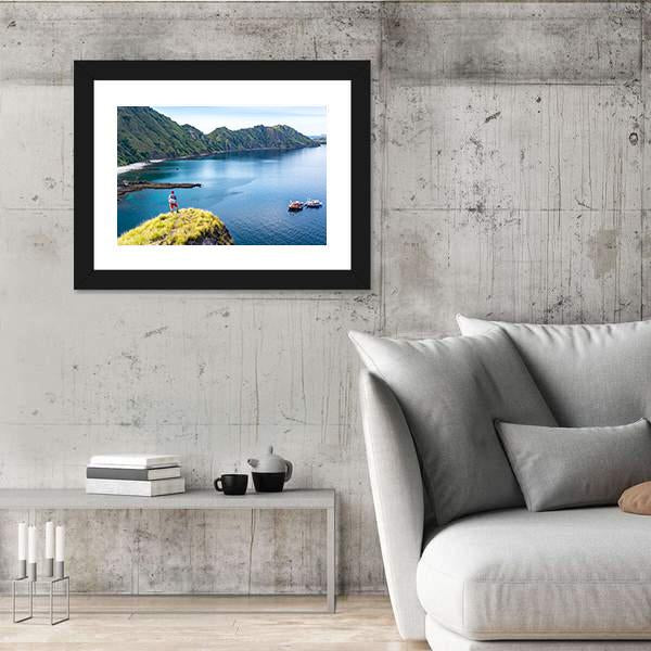 Young Hiker Standing Alone On Cliff Mountain Canvas Wall Art-5 Horizontal-Gallery Wrap-22" x 12"-Tiaracle