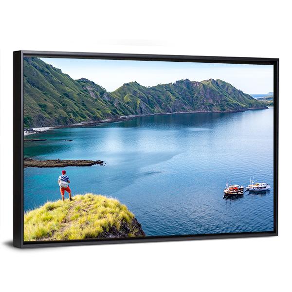 Young Hiker Standing Alone On Cliff Mountain Canvas Wall Art-5 Horizontal-Gallery Wrap-22" x 12"-Tiaracle