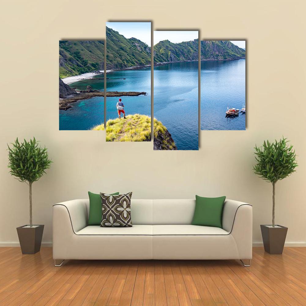 Young Hiker Standing Alone On Cliff Mountain Canvas Wall Art-4 Pop-Gallery Wrap-50" x 32"-Tiaracle