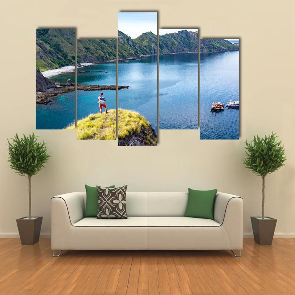 Young Hiker Standing Alone On Cliff Mountain Canvas Wall Art-5 Pop-Gallery Wrap-47" x 32"-Tiaracle