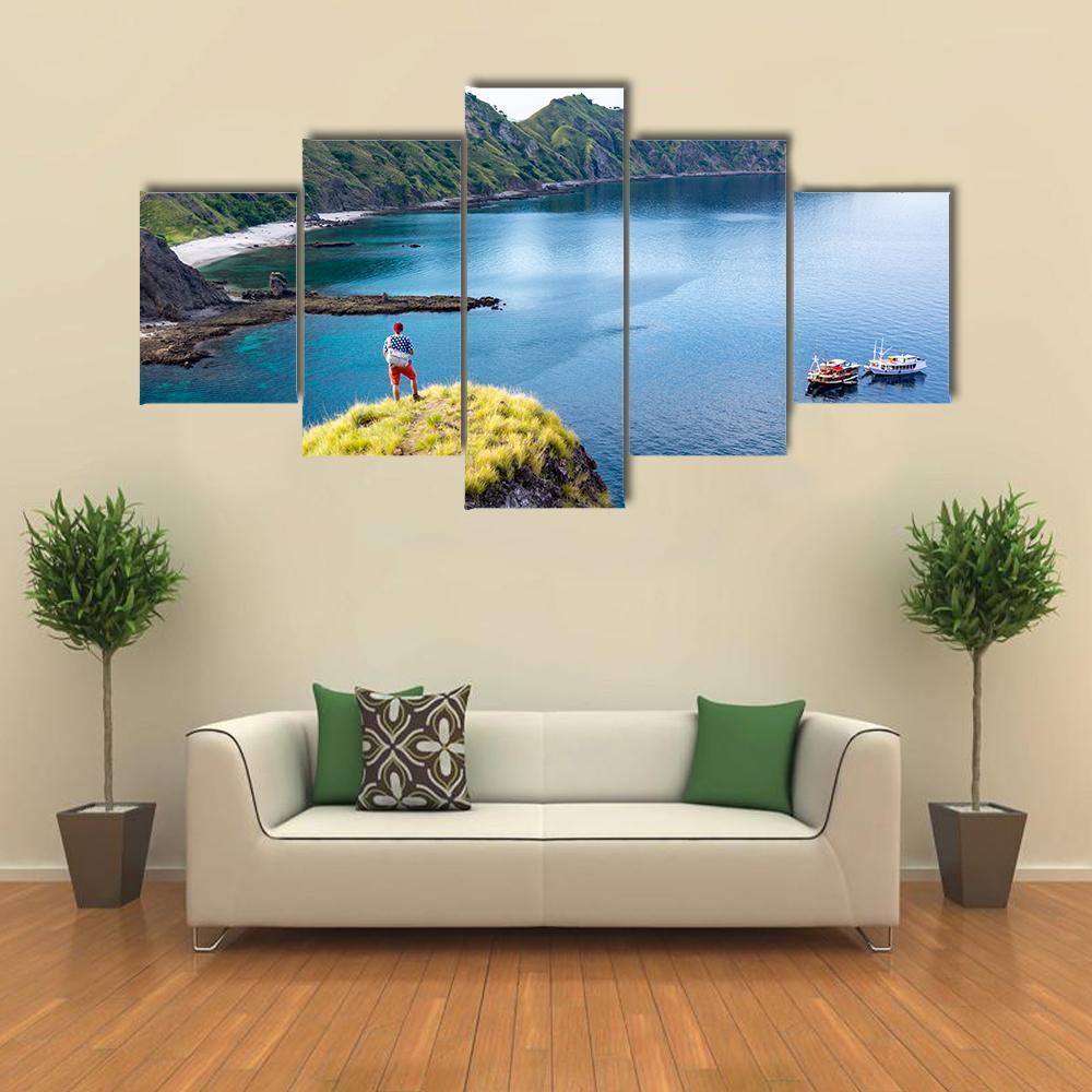 Young Hiker Standing Alone On Cliff Mountain Canvas Wall Art-5 Star-Gallery Wrap-62" x 32"-Tiaracle