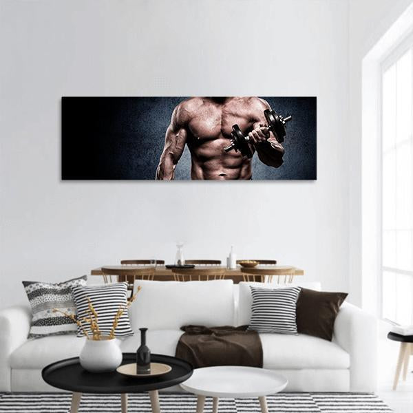 Young Man In Exercise For Biceps Panoramic Canvas Wall Art-1 Piece-36&quot; x 12&quot;-Tiaracle