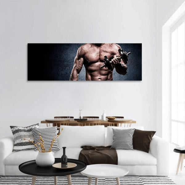 Young Man In Exercise For Biceps Panoramic Canvas Wall Art-1 Piece-36" x 12"-Tiaracle