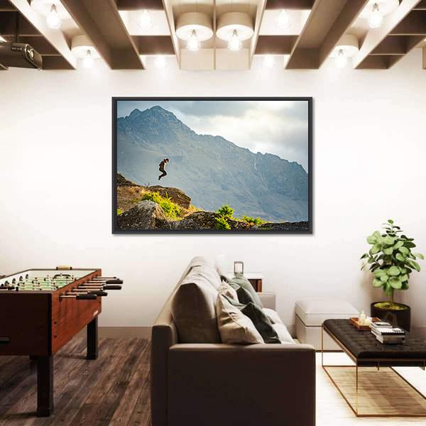 Young Man Jumping On Queenstown Hill Canvas Wall Art-3 Horizontal-Gallery Wrap-25&quot; x 16&quot;-Tiaracle