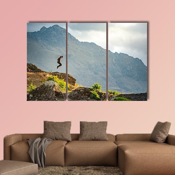 Young Man Jumping On Queenstown Hill Canvas Wall Art-3 Horizontal-Gallery Wrap-37&quot; x 24&quot;-Tiaracle