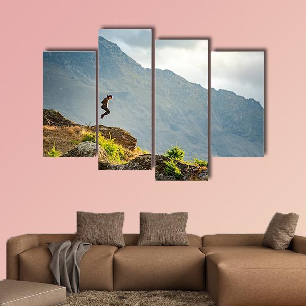 Young Man Jumping On Queenstown Hill Canvas Wall Art-4 Pop-Gallery Wrap-50&quot; x 32&quot;-Tiaracle