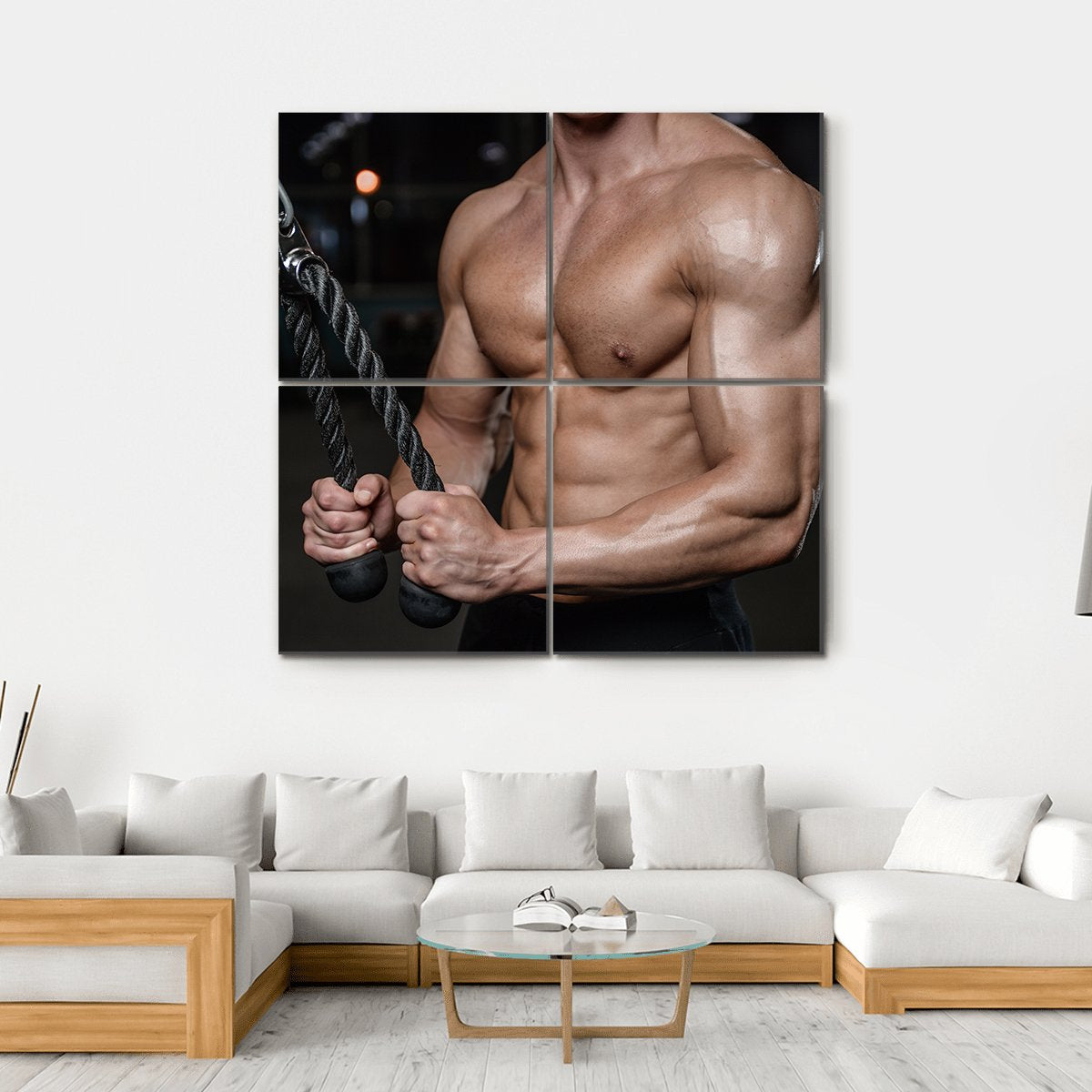 Bodybuilder Torso with Tricep Rope Canvas Wall Art in black, beige and brown, hung on a wall