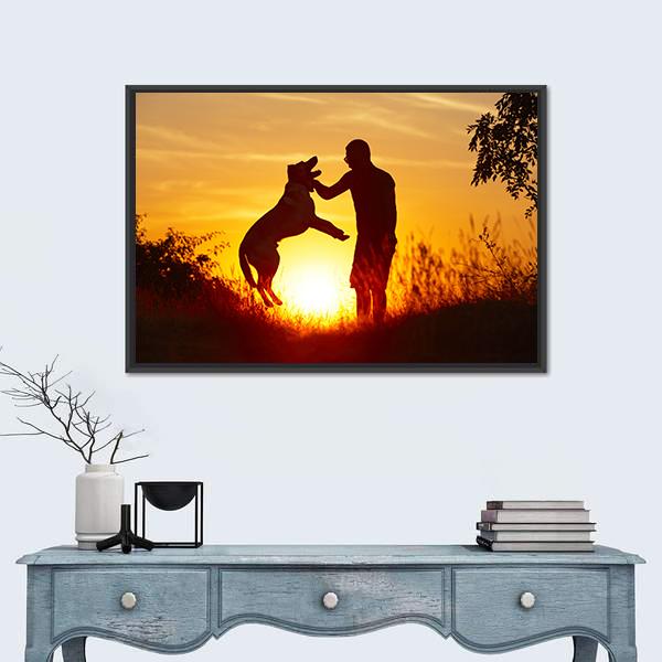 Young Man with His Yellow Labrador Retriever Canvas Wall Art-1 Piece-Floating Frame-24&quot; x 16&quot;-Tiaracle