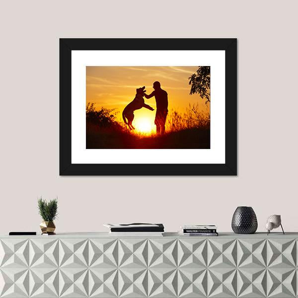 Young Man with His Yellow Labrador Retriever Canvas Wall Art-1 Piece-Framed Print-20" x 16"-Tiaracle