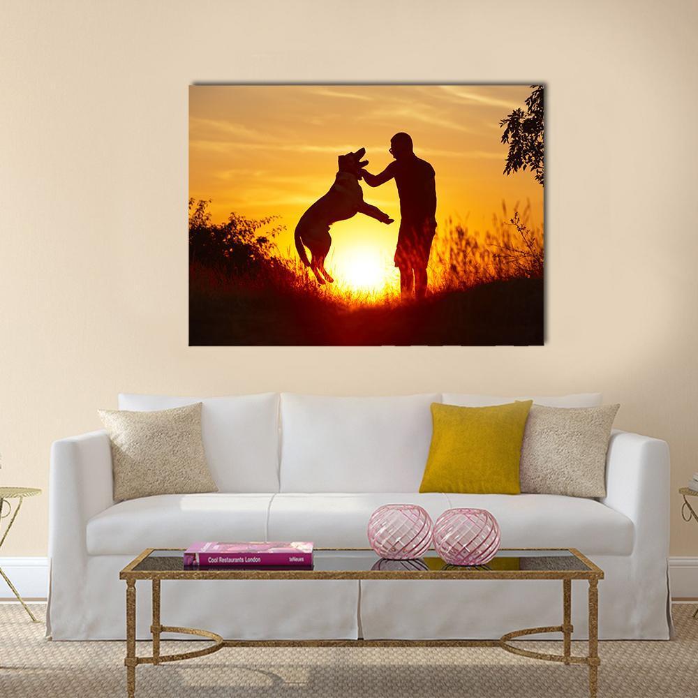 Young Man with His Yellow Labrador Retriever Canvas Wall Art-1 Piece-Gallery Wrap-48" x 32"-Tiaracle