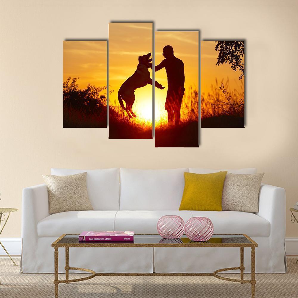 Young Man with His Yellow Labrador Retriever Canvas Wall Art-4 Pop-Gallery Wrap-50" x 32"-Tiaracle
