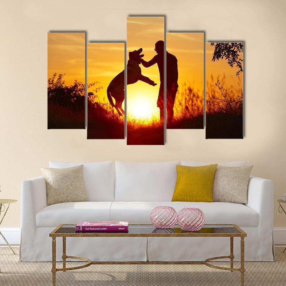 Young Man with His Yellow Labrador Retriever Canvas Wall Art-5 Pop-Gallery Wrap-47" x 32"-Tiaracle
