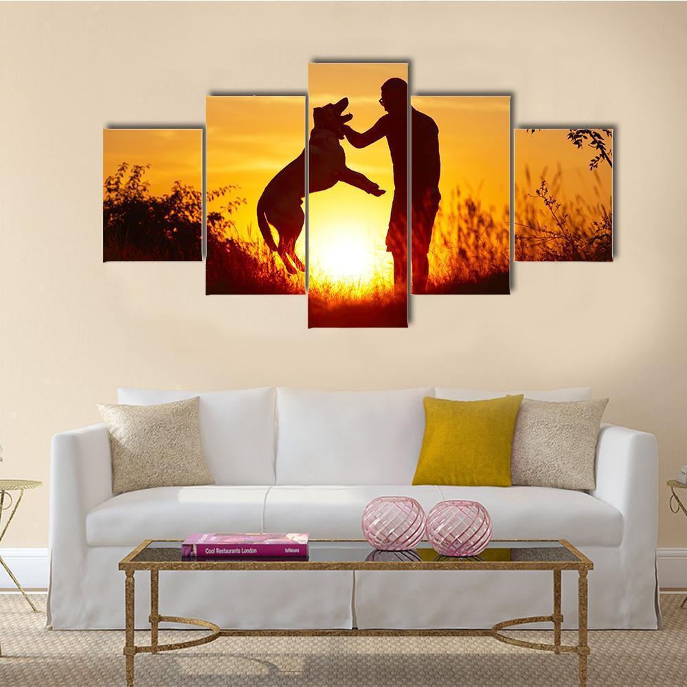 Young Man with His Yellow Labrador Retriever Canvas Wall Art-5 Star-Gallery Wrap-62" x 32"-Tiaracle