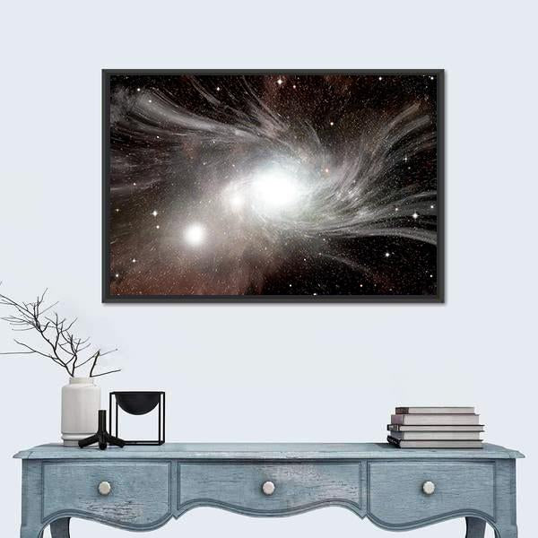 Young Spiral Galaxy With Small Dwarf Galaxy Canvas Wall Art-1 Piece-Floating Frame-24" x 16"-Tiaracle