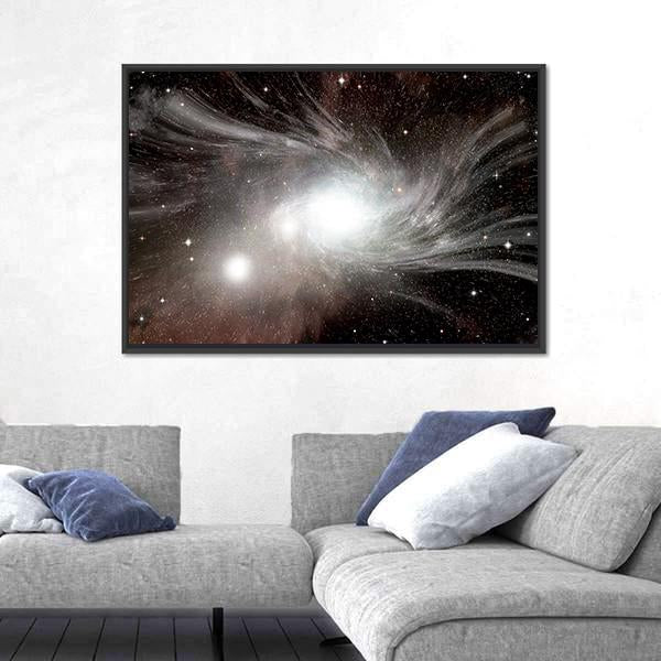 Young Spiral Galaxy With Small Dwarf Galaxy Canvas Wall Art-3 Horizontal-Gallery Wrap-25" x 16"-Tiaracle