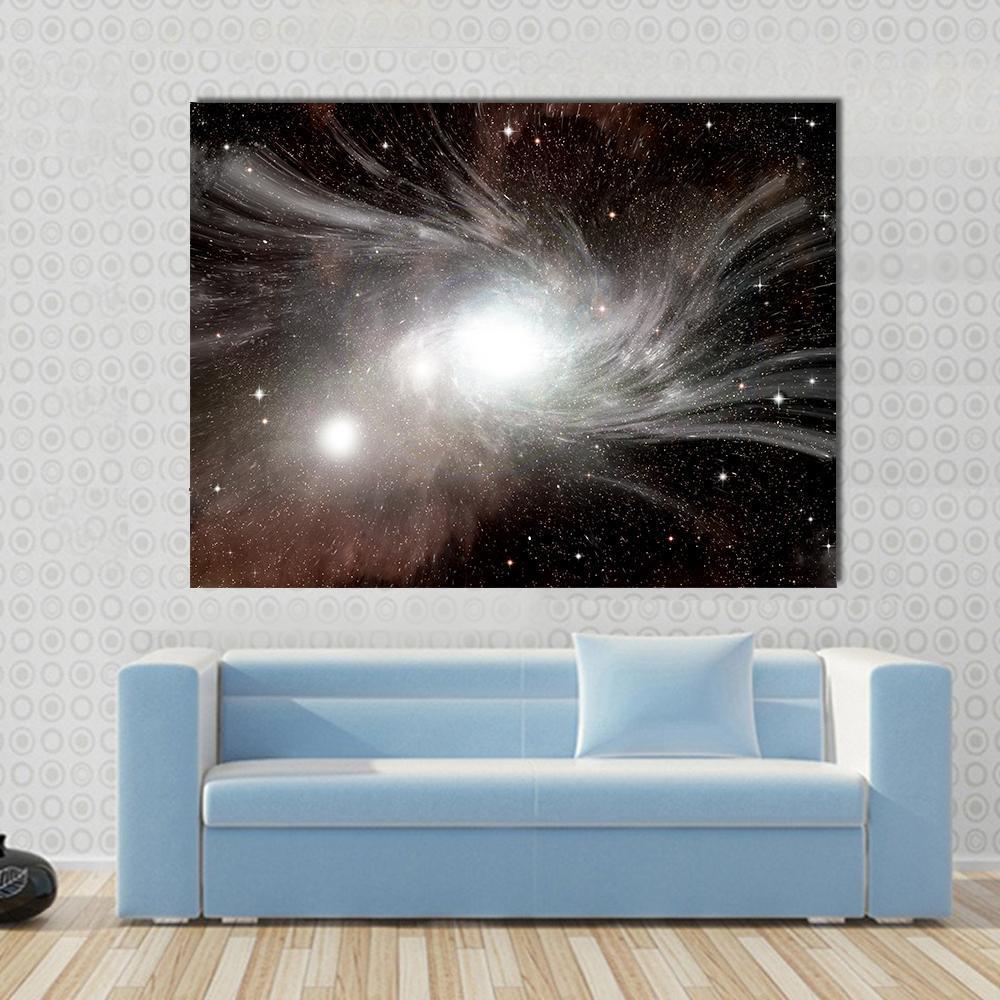 Young Spiral Galaxy with Dwarf Galaxy Canvas Wall Art in black, white and gray, single panel hung on a wall