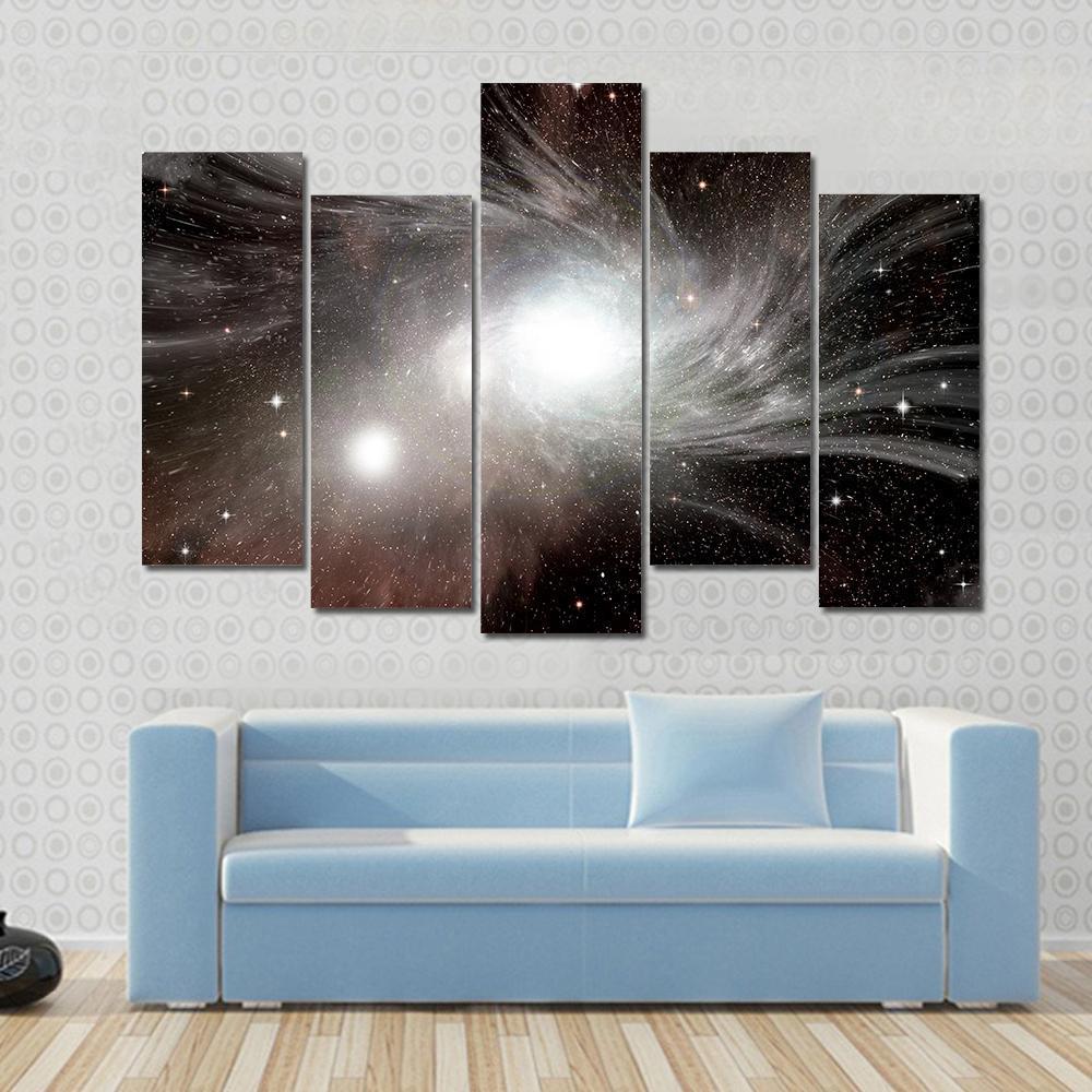 Young Spiral Galaxy With Small Dwarf Galaxy Canvas Wall Art-5 Pop-Gallery Wrap-47" x 32"-Tiaracle